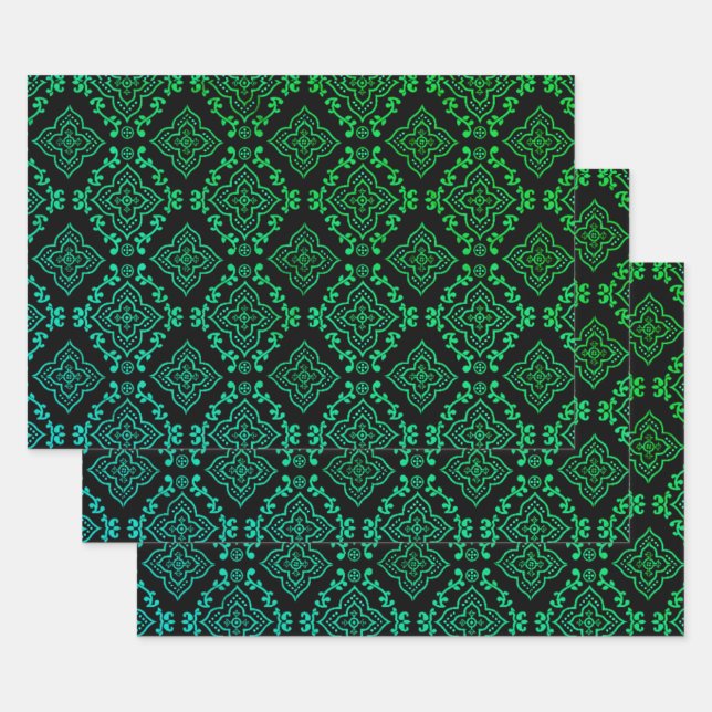 Feuille De Papier Cadeau Motif géométrique vert / Impression indienne (Lot)