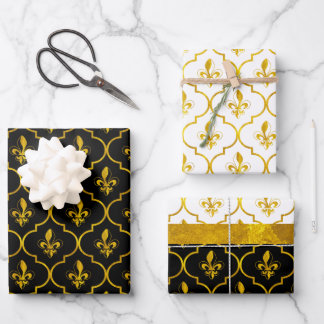 Feuille De Papier Cadeau Motif Gold Fleur de Lis Quatrefoil