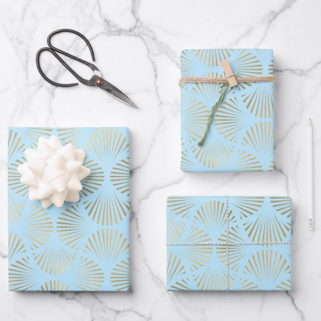 Feuille De Papier Cadeau Motif Gold & Light Blue Art Déco (Recto)