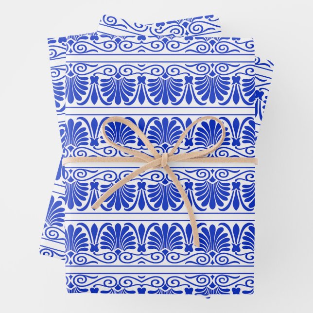 Feuille De Papier Cadeau Motif grec méditerranéen bleu (En situation)