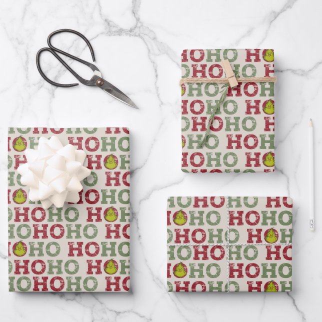 Feuille De Papier Cadeau Motif Grinch Ho Ho Ho (Recto)
