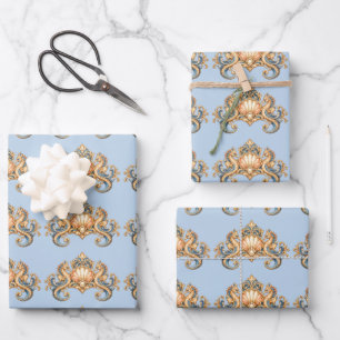 Feuille De Papier Cadeau Motif hippocampe bleu pastel orange nautique