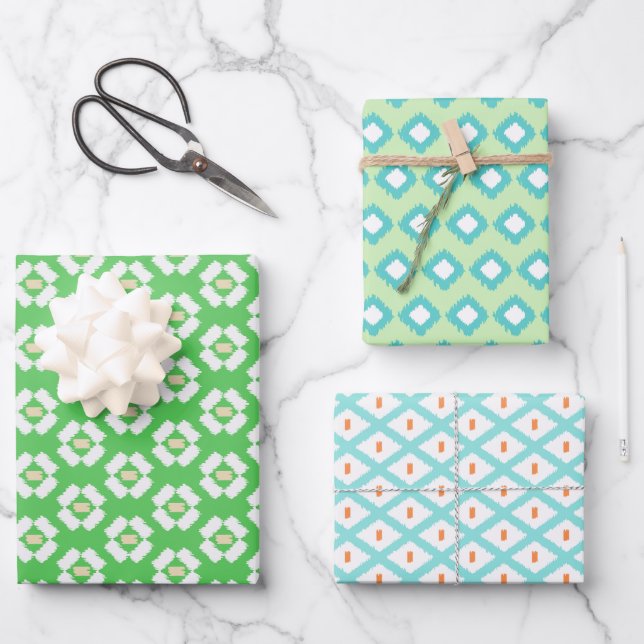 Feuille De Papier Cadeau Motif Ikat vert, Aqua et Mint Tribal Diamond (Recto)
