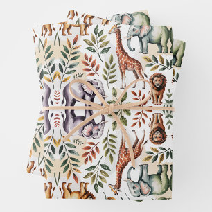 Feuille De Papier Cadeau Motif illustré avec éléphants, lions