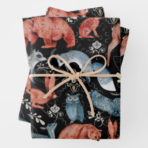 Feuille De Papier Cadeau Motif intrigué d'animaux de la forêt