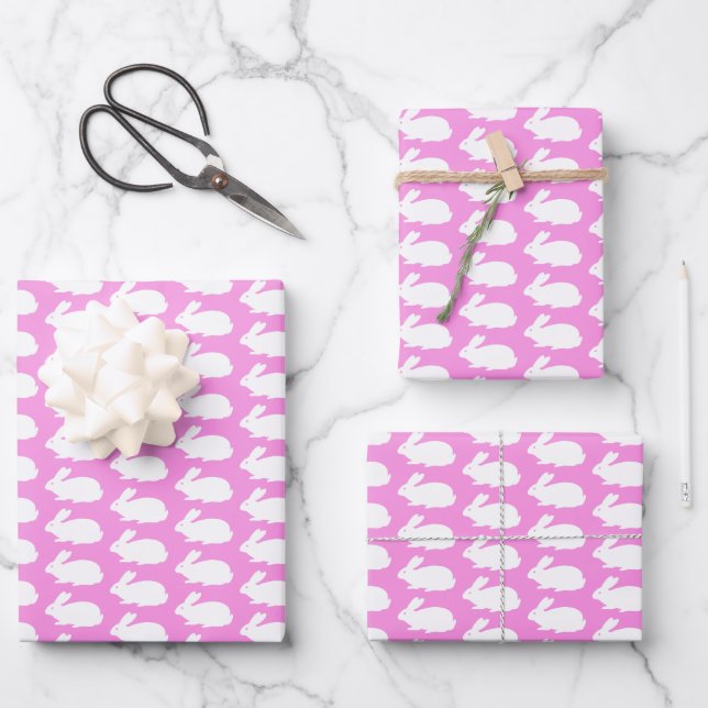 Feuille De Papier Cadeau Motif lapin blanc sur rose (Recto)
