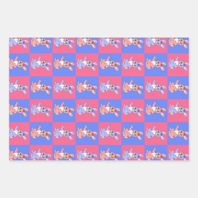 Feuille De Papier Cadeau Motif lapin bleu rose géométrique (Devant)