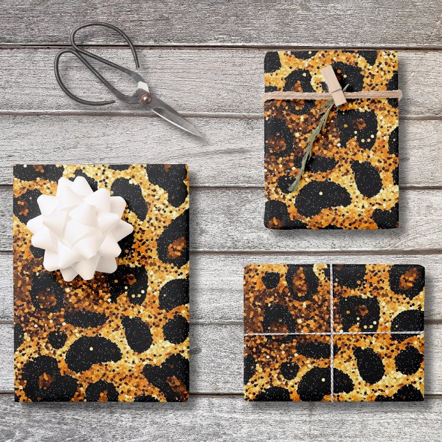 Feuille De Papier Cadeau Motif léopard marron doré pailleté de luxe (Créateur téléchargé)
