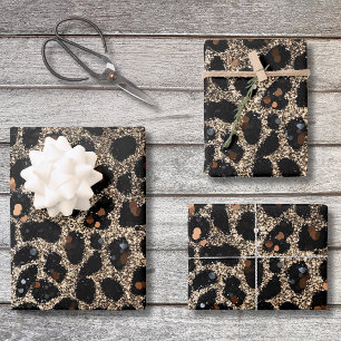 Feuille De Papier Cadeau Motif léopard or noir brun pailleté de luxe