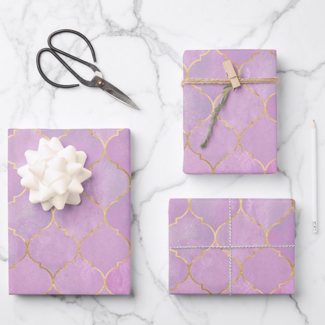 Feuille De Papier Cadeau Motif Marocain Rose Pâle Or (Recto)