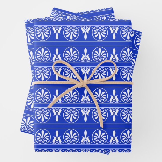 Feuille De Papier Cadeau Motif méditerranéen grec Arabesque bleu (En situation)