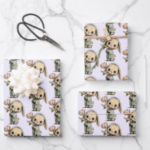 Feuille De Papier Cadeau Motif mignon avec un lapin tenant une tulipe