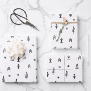 Feuille De Papier Cadeau Motif minimaliste de la forêt d'hiver noire et bla
