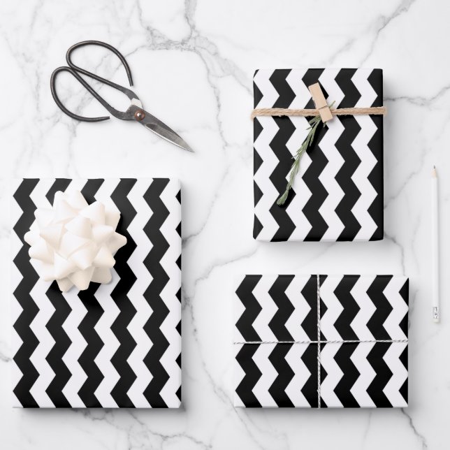 Feuille De Papier Cadeau Motif moderne Chevron noir et blanc (Recto)
