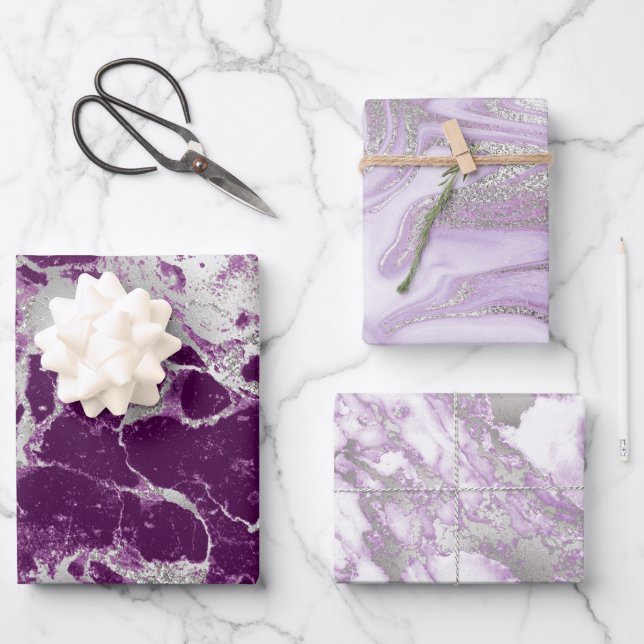 Feuille De Papier Cadeau Motif moderne en marbre violet, blanc et argent (Recto)