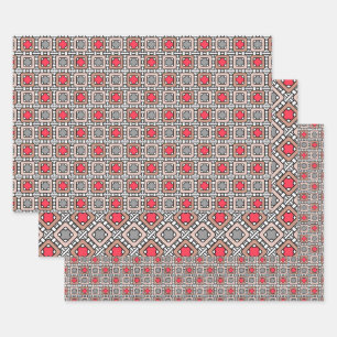 Feuille De Papier Cadeau motif moderne géométrique art déco gris rouge, bei