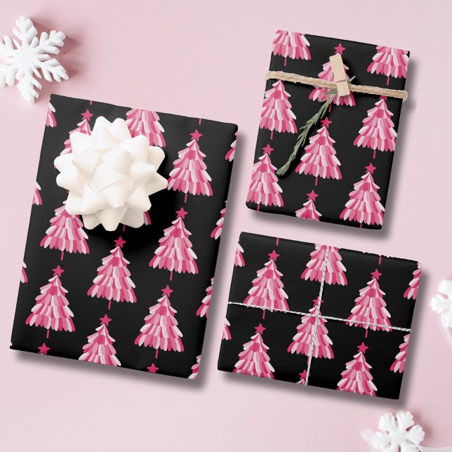 Feuille De Papier Cadeau Motif moderne Pink Black Christmas Tree (Pink woodland christmas tree holiday wrapping paper.)