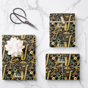 Feuille De Papier Cadeau Motif musical de l'ère du jazz