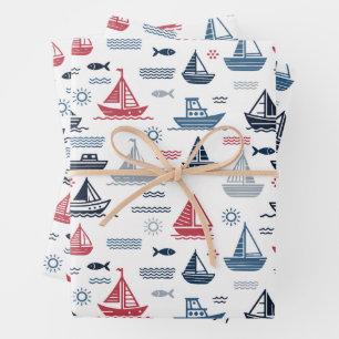 Feuille De Papier Cadeau Motif nautique avec voiliers et poissons