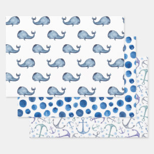 Feuille De Papier Cadeau Motif nautique bleu aquarelle. Baleine, point de p