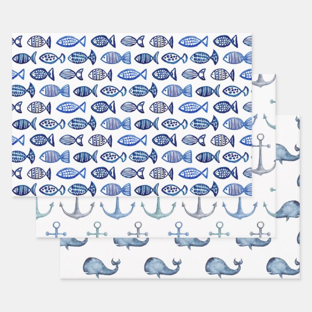 Feuille De Papier Cadeau Motif nautique bleu aquarelle. Poisson, baleine (Lot)