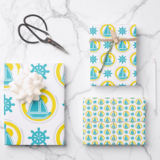Feuille De Papier Cadeau Motif nautique Ocean Beach Jaune Bleu (Recto)