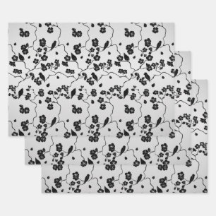 Feuille De Papier Cadeau Motif noir sur oiseaux et fleurs de cerisier argen