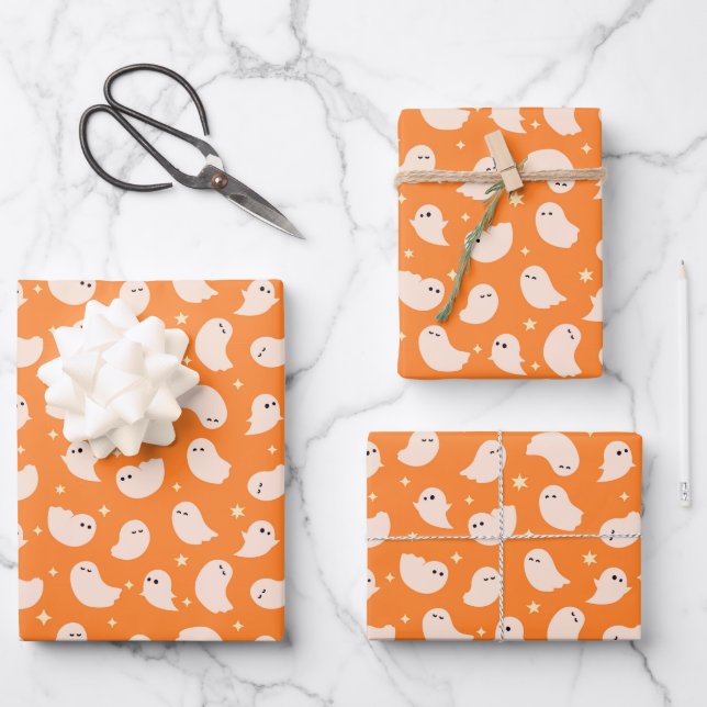 Feuille De Papier Cadeau Motif Orange Ghost Doodle (Recto)