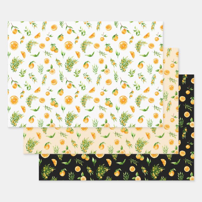 Feuille De Papier Cadeau Motif Oranges et Feuillage (Lot)
