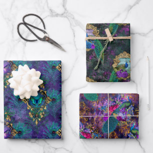 Feuille De Papier Cadeau Motif paon illustré vibrant