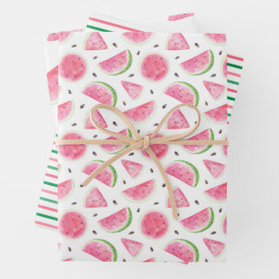Feuille De Papier Cadeau Motif Pastel à l'Aquarelle Pastèque & Rayures  