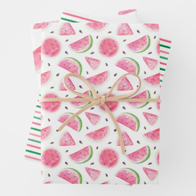 Feuille De Papier Cadeau Motif Pastel à l'Aquarelle Pastèque & Rayures   (En situation)