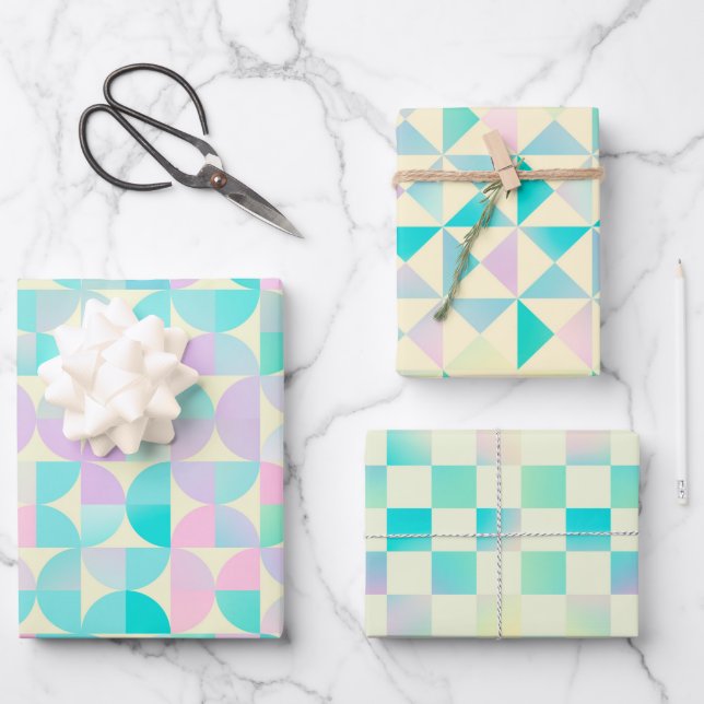Feuille De Papier Cadeau Motif Pastel Holographique Géométrique (Recto)