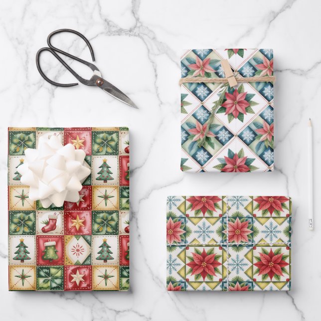 Feuille De Papier Cadeau Motif patchwork classique rouge et vert de Noël  (Recto)