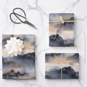 Feuille De Papier Cadeau Motif paysager de style asiatique