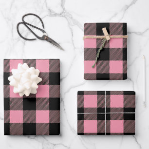 Feuille De Papier Cadeau Motif Plaid de Buffalo Rose Noir