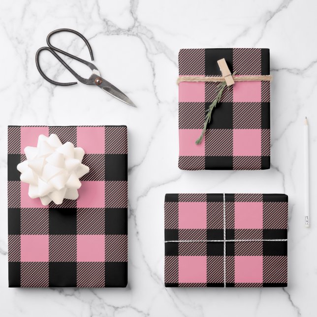 Feuille De Papier Cadeau Motif Plaid de Buffalo Rose Noir (Recto)