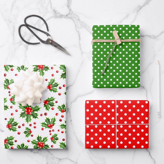 Feuille De Papier Cadeau Motif Pois Holiday Green Holly Red Berries (Recto)
