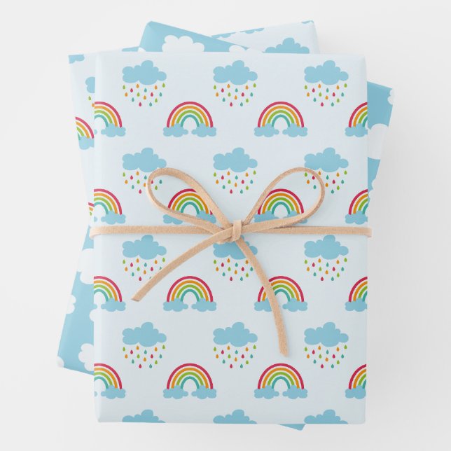 Feuille De Papier Cadeau Motif Rainbows & Clouds (En situation)