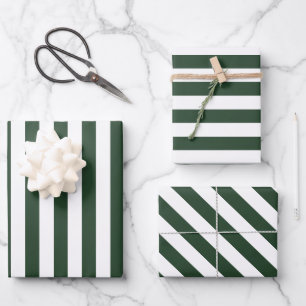 Feuille De Papier Cadeau Motif rayé élégant vert chasseresse et blanc