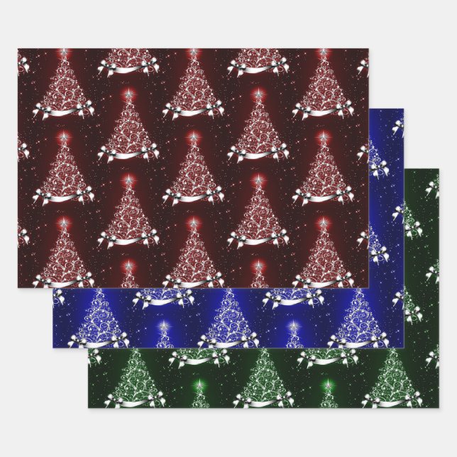 Feuille De Papier Cadeau Motif Red Blue & Green Silver Tree (Lot)