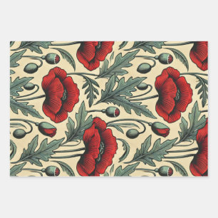 Feuille De Papier Cadeau Motif Red Poppies d'inspiration vintage