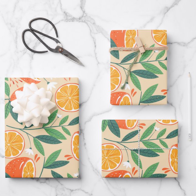 Feuille De Papier Cadeau Motif rétro de fruits d'agrumes orange (Recto)