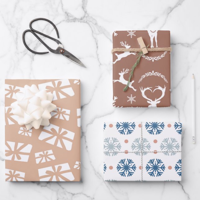 Feuille De Papier Cadeau Motif Retro Snowflakes, Gifts et Reindeer (Recto)
