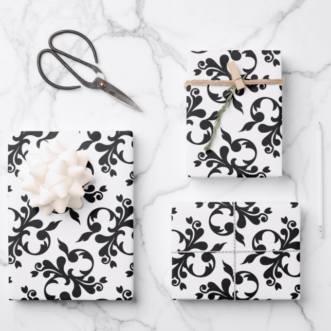 Feuille De Papier Cadeau Motif rococo noir et blanc classique de Noël  (Recto)