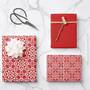 Feuille De Papier Cadeau Motif Rococo Ornemental Rouge et Blanc