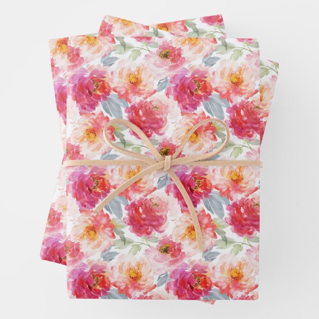 Feuille De Papier Cadeau Motif rose Aquarelle Peony (En situation)