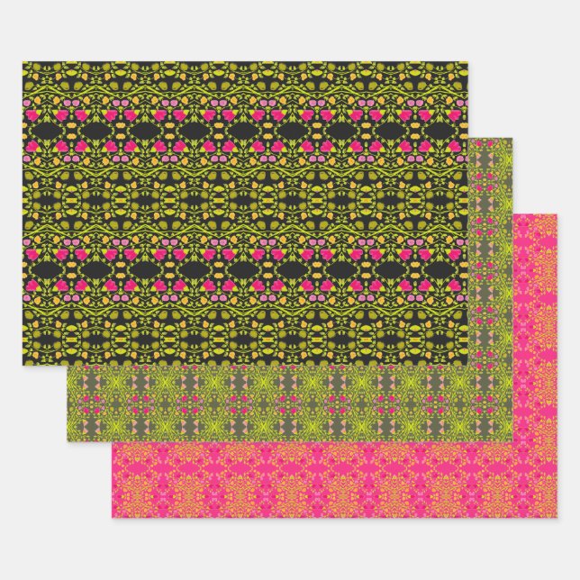 Feuille De Papier Cadeau Motif rose et vert noir (Lot)