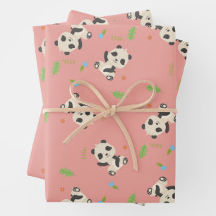 Feuille De Papier Cadeau Motif rose fleuri à l'ours panda