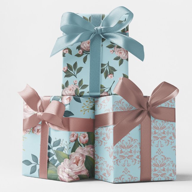 Feuille De Papier Cadeau Motif rose floral élégant bleu Damask (Elegant blush pink and blue floral pattern wrapping paper)